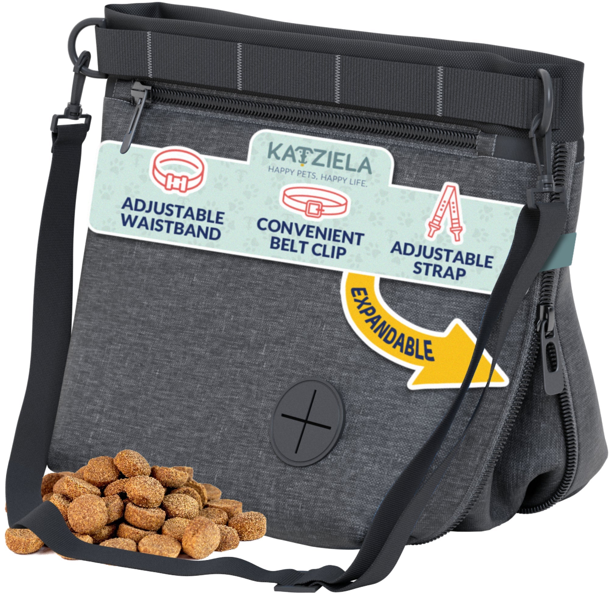 Katziela Expandable Pet Treat Pouch - Hands Free Dog Treat Pouch, Quick Access Magnet Closure - Anti Spill Dog Treat Bag - Treat Pouches for Pet Training, Adjustable Shoulder Strap &amp; Belt Clip