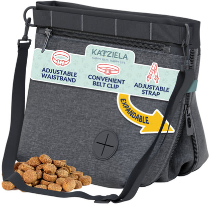 Katziela Expandable Pet Treat Pouch - Hands Free Dog Treat Pouch, Quick Access Magnet Closure - Anti Spill Dog Treat Bag - Treat Pouches for Pet Training, Adjustable Shoulder Strap &amp; Belt Clip