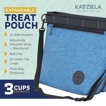 Katziela Expandable Pet Treat Pouch - Hands Free Dog Treat Pouch, Quick Access Magnet Closure - Anti Spill Dog Treat Bag - Treat Pouches for Pet Training, Adjustable Shoulder Strap &amp; Belt Clip