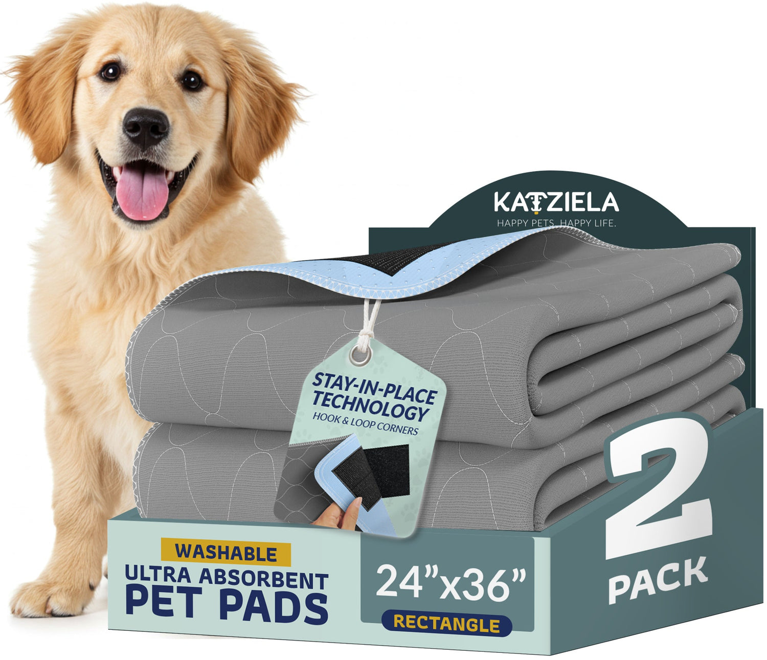 Katziela Quick-Drying Washable Pee Pads for Dogs With Hook &amp; Loop Rectangular
