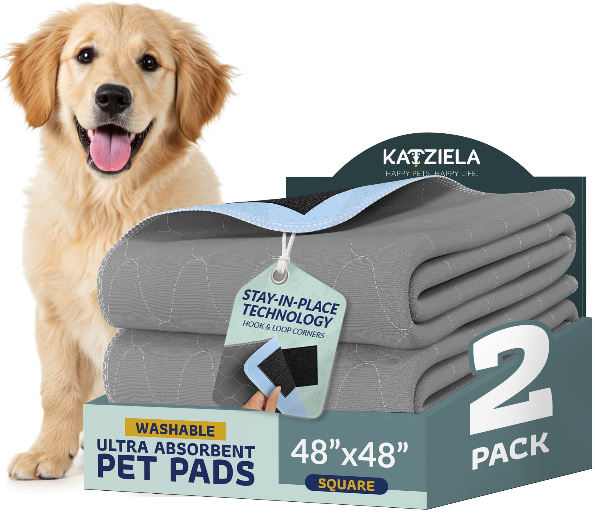 Katziela Quick-Drying Washable Pee Pads for Dogs With Hook &amp; Loop Rectangular