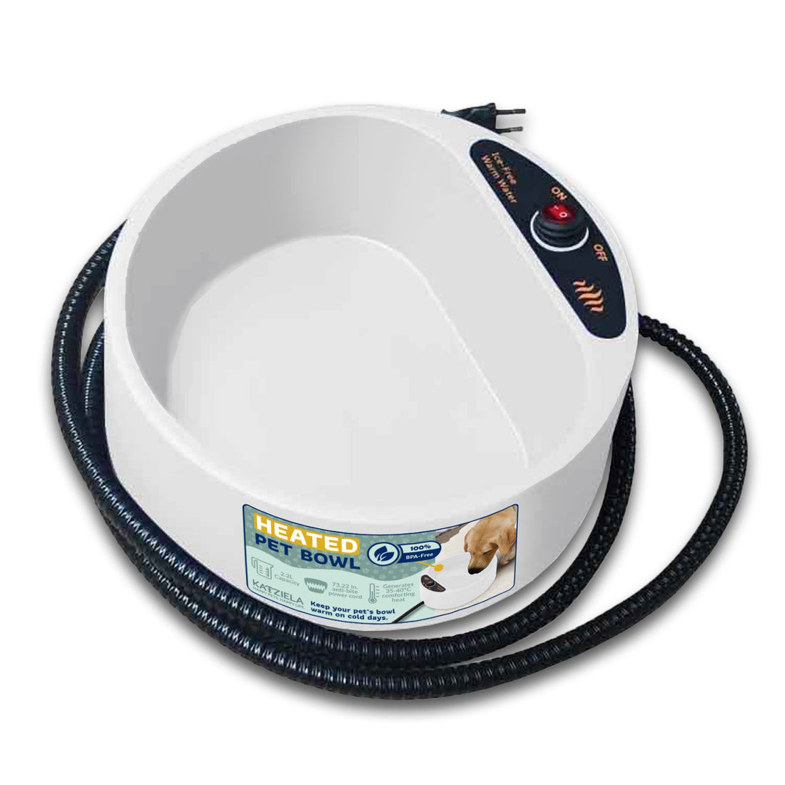 Katziela 2 Liter Heated Pet Water Bowl With Anti-Bite Cord To Keep Your Pet&