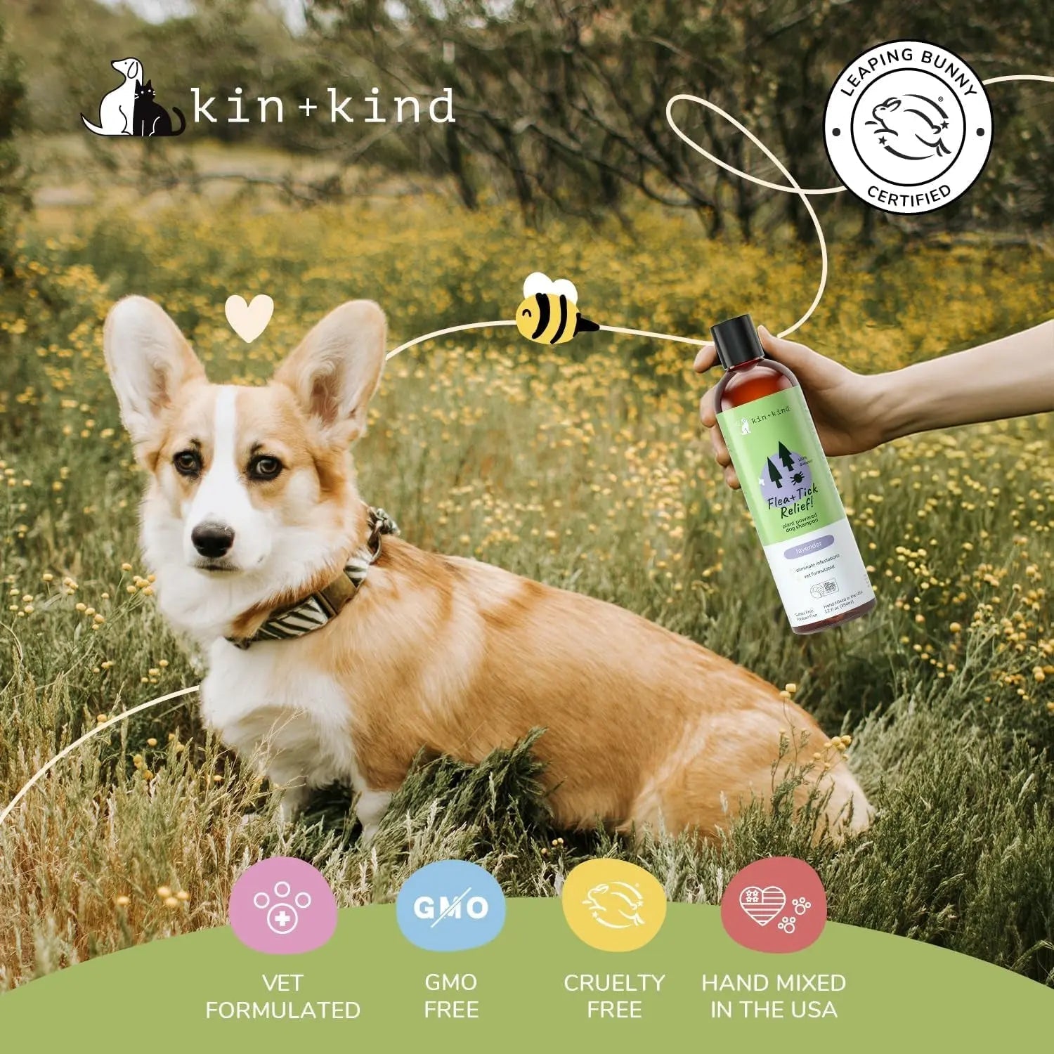 Kin+Kind Flea &amp; Tick Dog Shampoo – Plant-Based Lavender Treatment, 12 oz