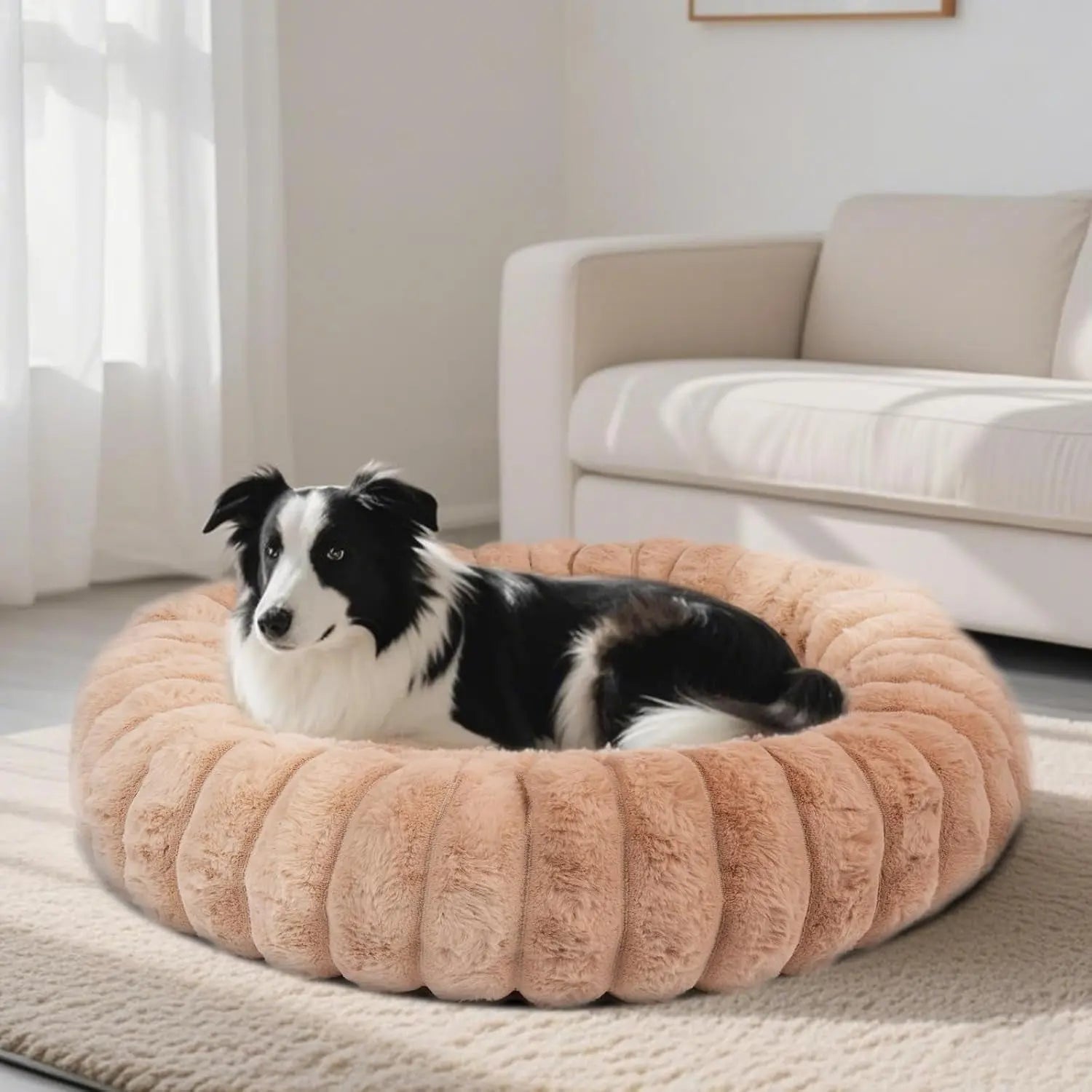 Luxury Donut Dog &amp; Cat Bed, Faux Fur Calming Pet Bed with Non-Slip Base