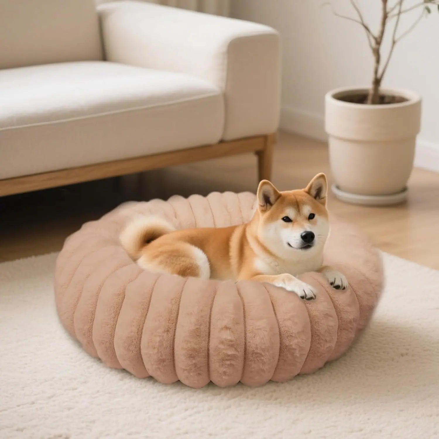 Luxury Donut Dog &amp; Cat Bed, Faux Fur Calming Pet Bed with Non-Slip Base