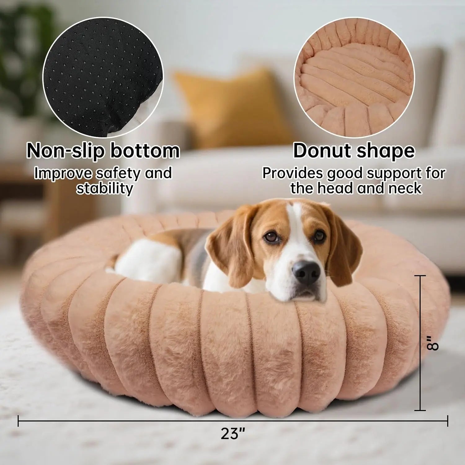 Luxury Donut Dog &amp; Cat Bed, Faux Fur Calming Pet Bed with Non-Slip Base
