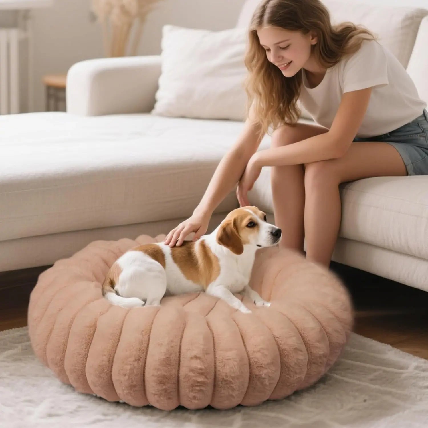 Luxury Donut Dog &amp; Cat Bed, Faux Fur Calming Pet Bed with Non-Slip Base