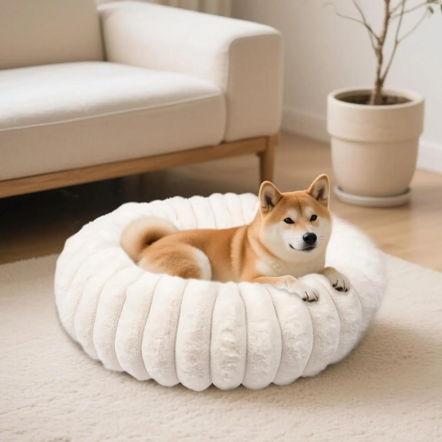 Luxury Donut Dog &amp; Cat Bed, Faux Fur Calming Pet Bed with Non-Slip Base
