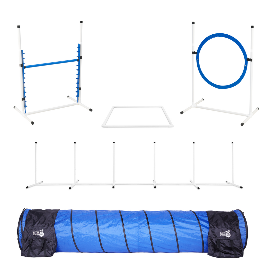 Better Sporting Dogs Upgraded Dog Agility Set – 5 Piece Training Kit with Safety Breakaway Tire Jump, Displacement Bar Jump, Tunnel, Weave Poles &amp; Pause Box