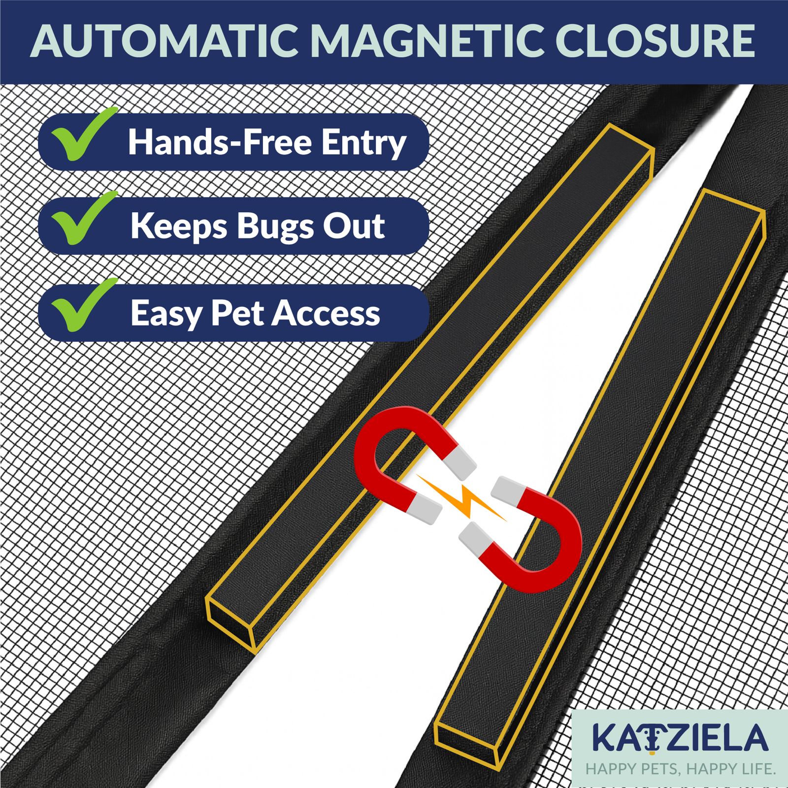 Katziela Magnetic Screen Door 38x83 – Pet &amp; Kid-Friendly Mesh with Extra Bottom Magnets – Heavy-Duty, Hands-Free Closure, Keeps Bugs Out &amp; Lets Fresh Air In