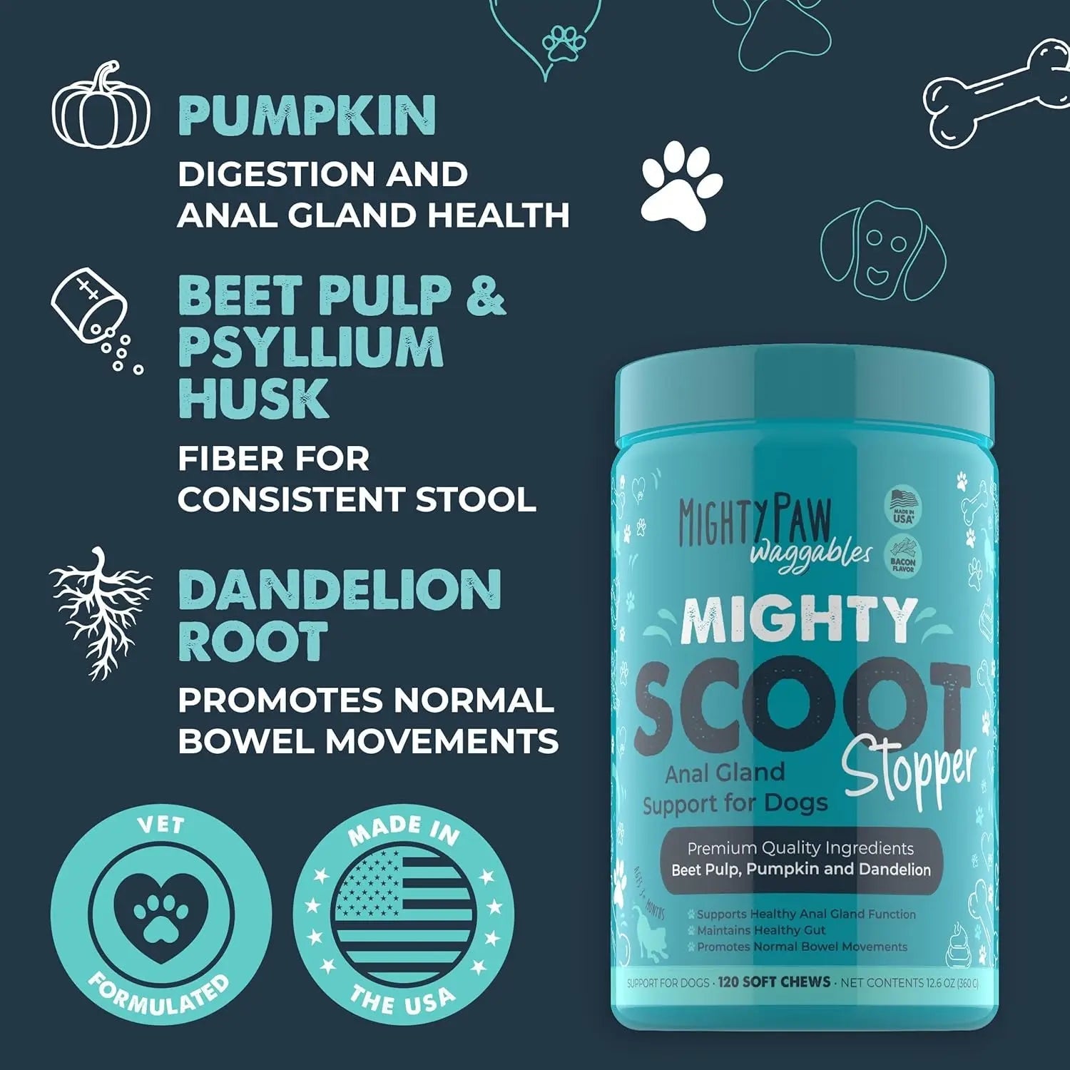 Mighty Scoot Dog Anal Gland &amp; Digestive Support Fiber Chews 120 Ct