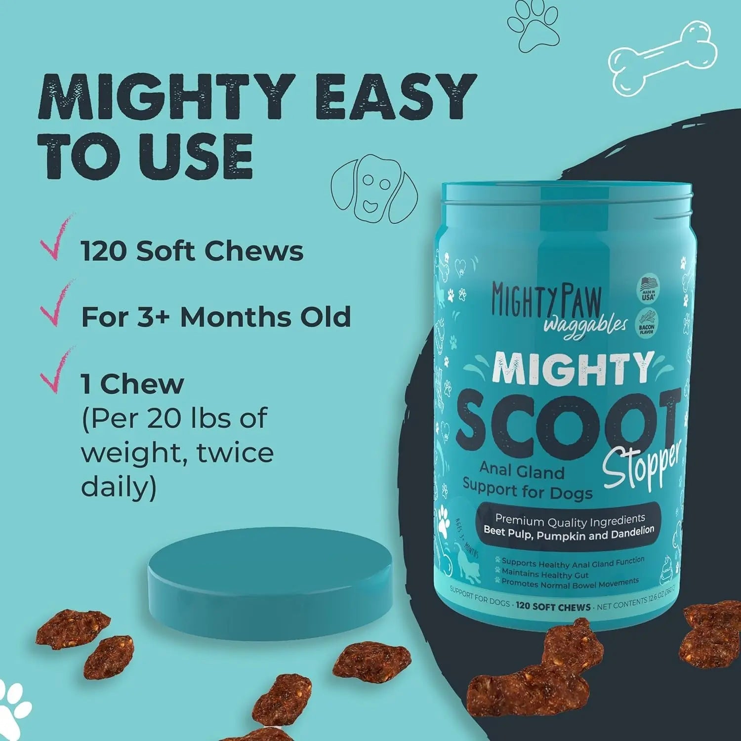 Mighty Scoot Dog Anal Gland &amp; Digestive Support Fiber Chews 120 Ct