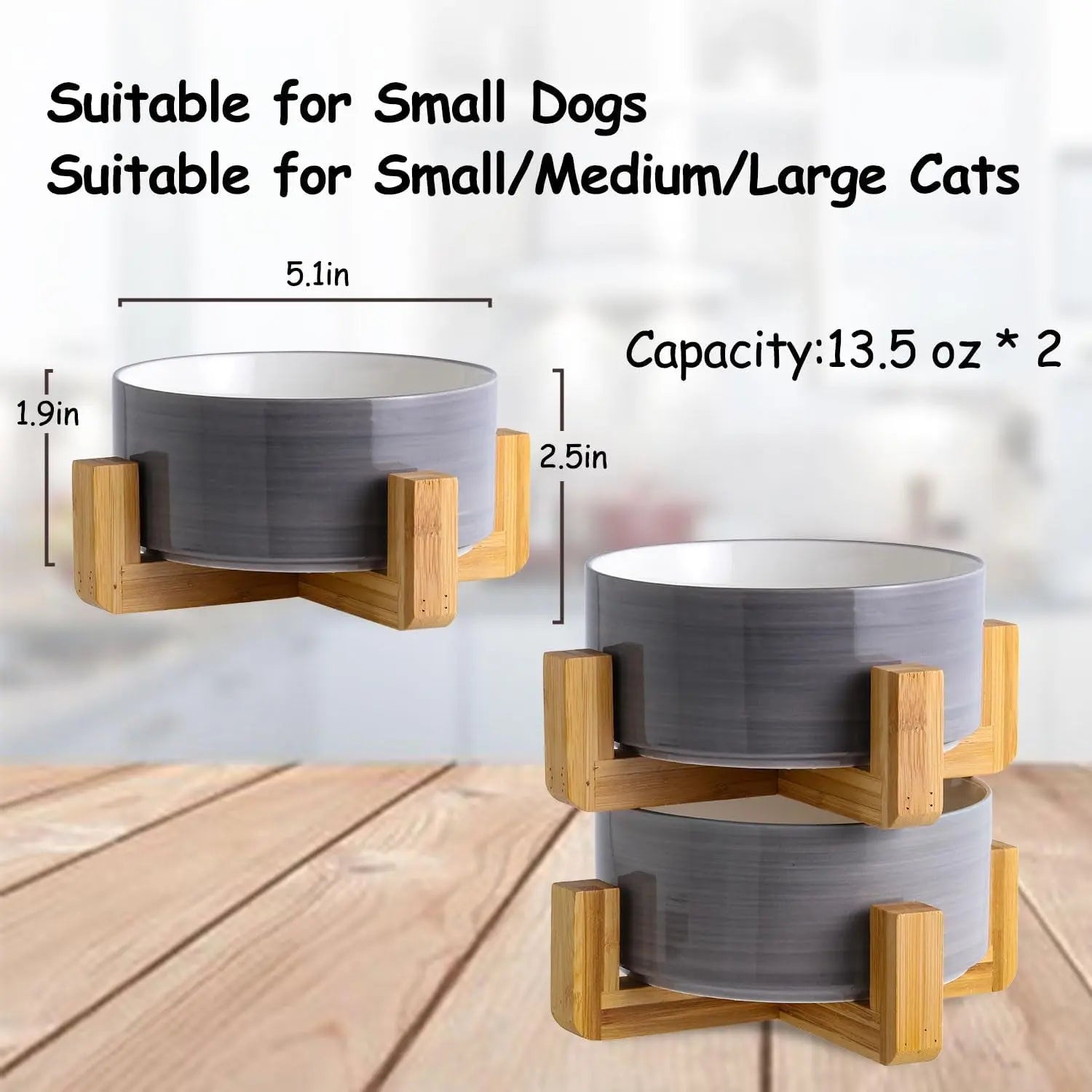 Modern Ceramic Cat &amp; Dog Bowl Set with Wood Stand, Non-Slip, Set of 2