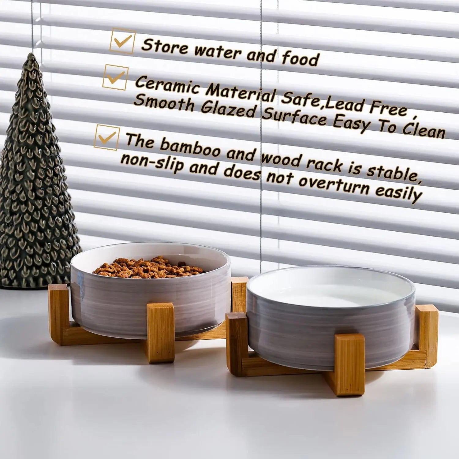 Modern Ceramic Cat &amp; Dog Bowl Set with Wood Stand, Non-Slip, Set of 2