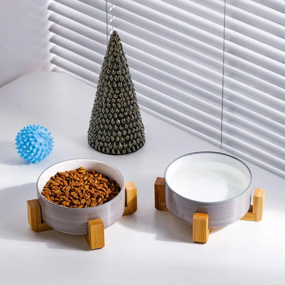 Modern Ceramic Cat &amp; Dog Bowl Set with Wood Stand, Non-Slip, Set of 2