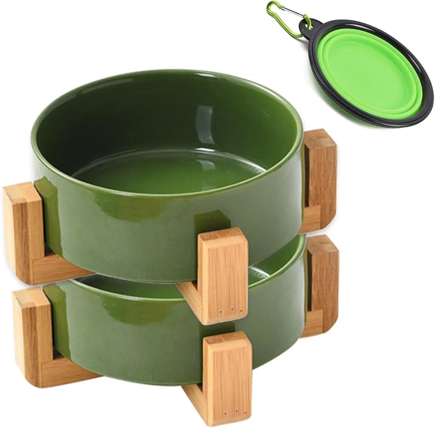 Modern Ceramic Cat &amp; Dog Bowl Set with Wood Stand, Non-Slip, Set of 2
