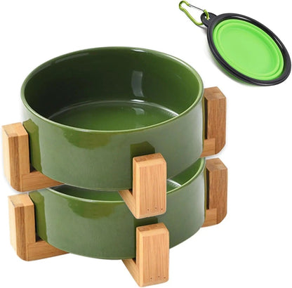 Modern Ceramic Cat &amp; Dog Bowl Set with Wood Stand, Non-Slip, Set of 2