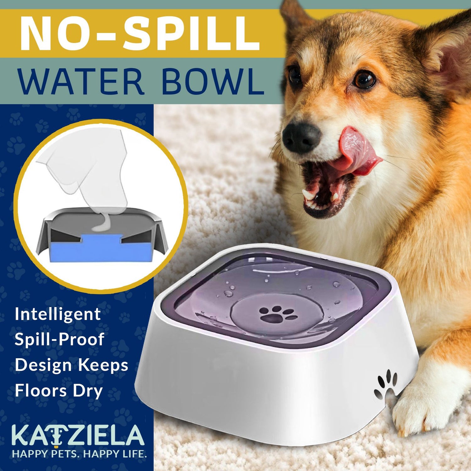Katziela No Spill Dog &amp; Cat Water Bowl - 35oz Slow Feeder, No Drip, Non-Slip Design