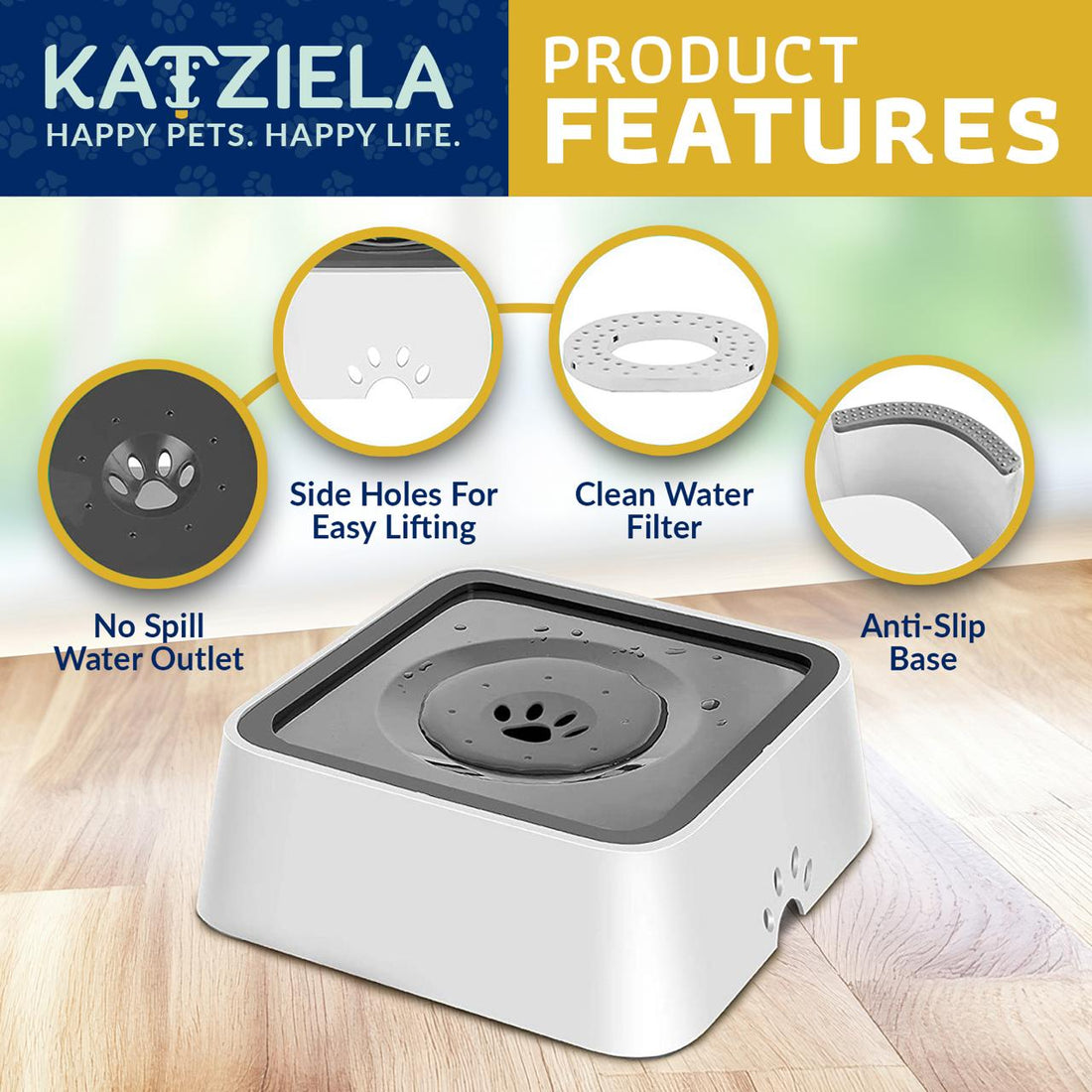 Katziela No Spill Dog &amp; Cat Water Bowl - 35oz Slow Feeder, No Drip, Non-Slip Design