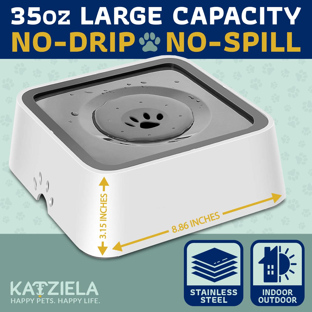Katziela No Spill Dog &amp; Cat Water Bowl - 35oz Slow Feeder, No Drip, Non-Slip Design