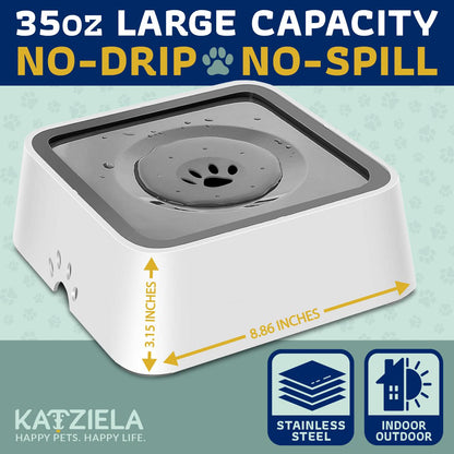 Katziela No Spill Dog &amp; Cat Water Bowl - 35oz Slow Feeder, No Drip, Non-Slip Design