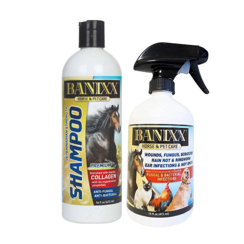 Banixx Shampoo &amp; Spray 16 oz – Horse &amp; Dog Skin &amp; Coat Care Combo – USA Made