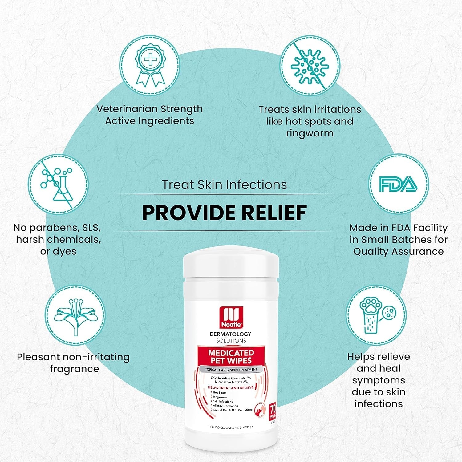 Nootie Medicated Dog &amp; Cat Wipes 2% Chlorhexidine 2% Miconazole 70 Count XL