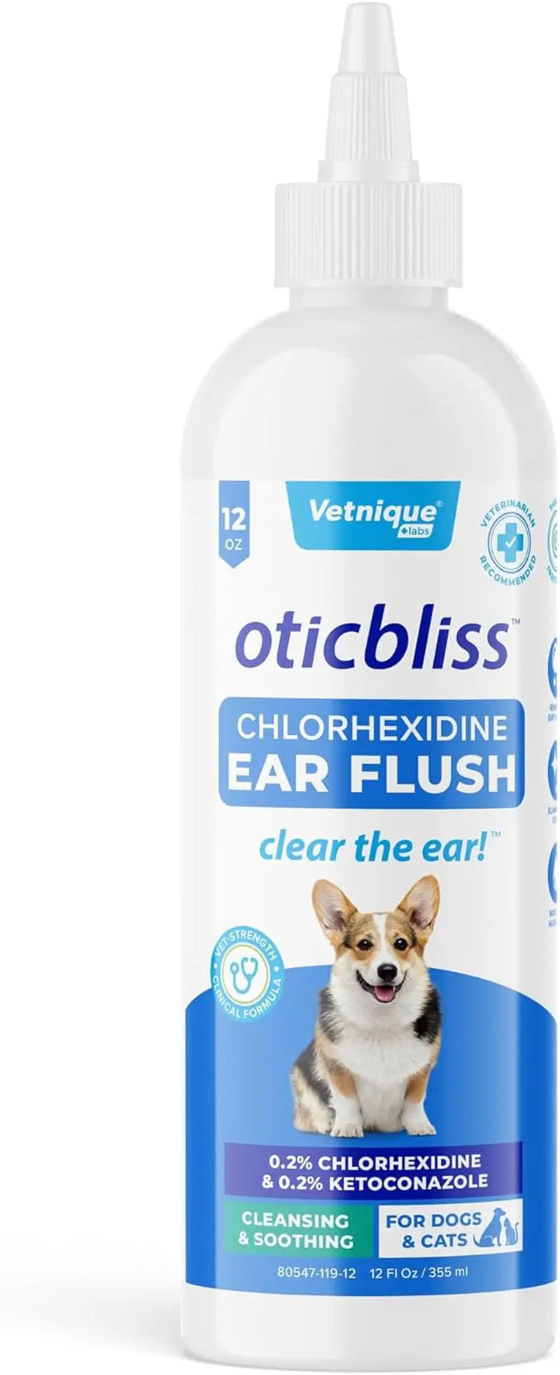 Oticbliss Medicated Ear Flush for Dogs &amp; Cats – Chlorhexidine &amp; Ketoconazole 12oz