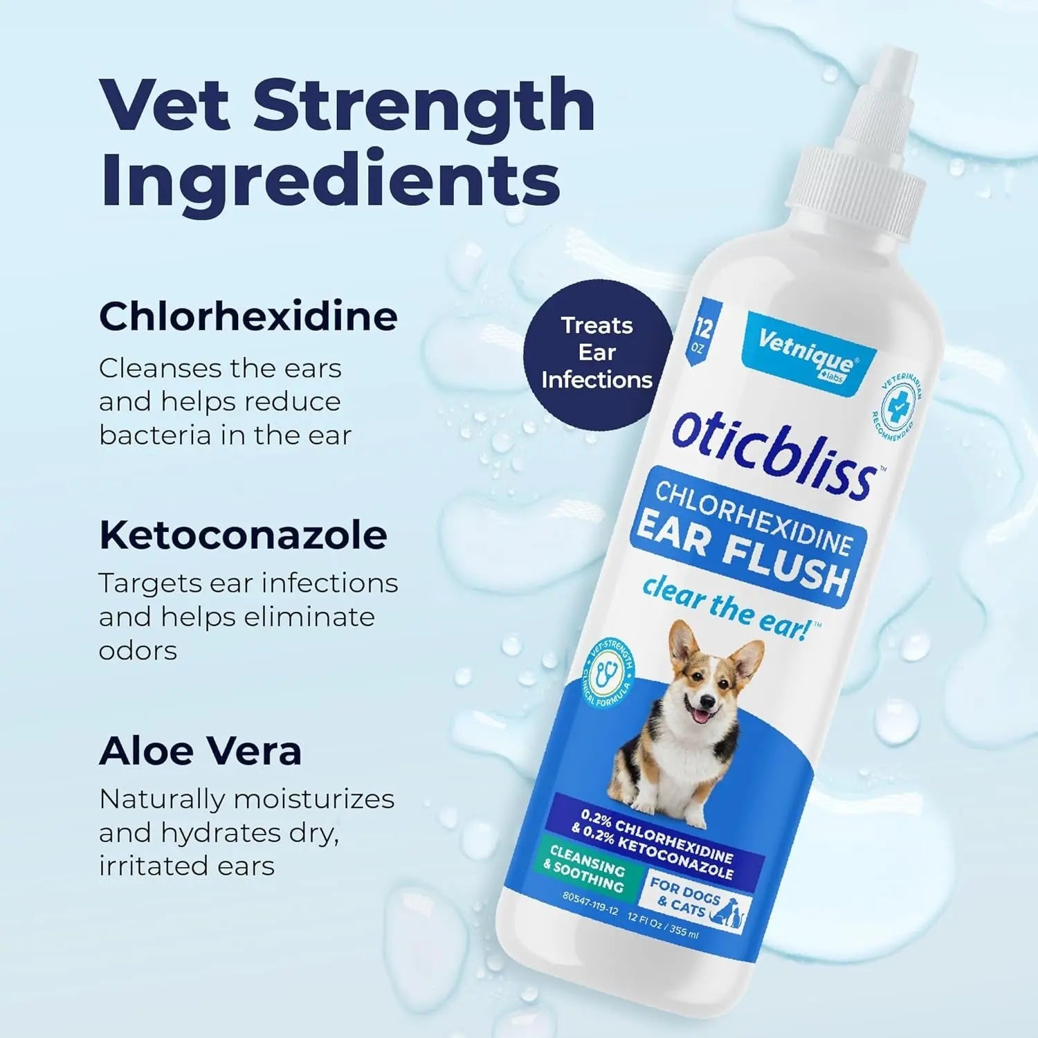 Oticbliss Medicated Ear Flush for Dogs &amp; Cats – Chlorhexidine &amp; Ketoconazole 12oz