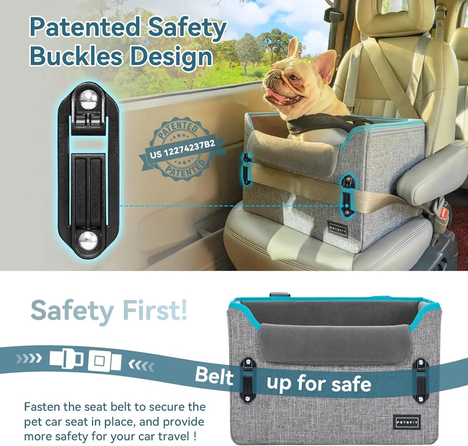 PETSFIT Small Dog Booster Car Seat with Safety Buckles &amp; Tether, Foldable