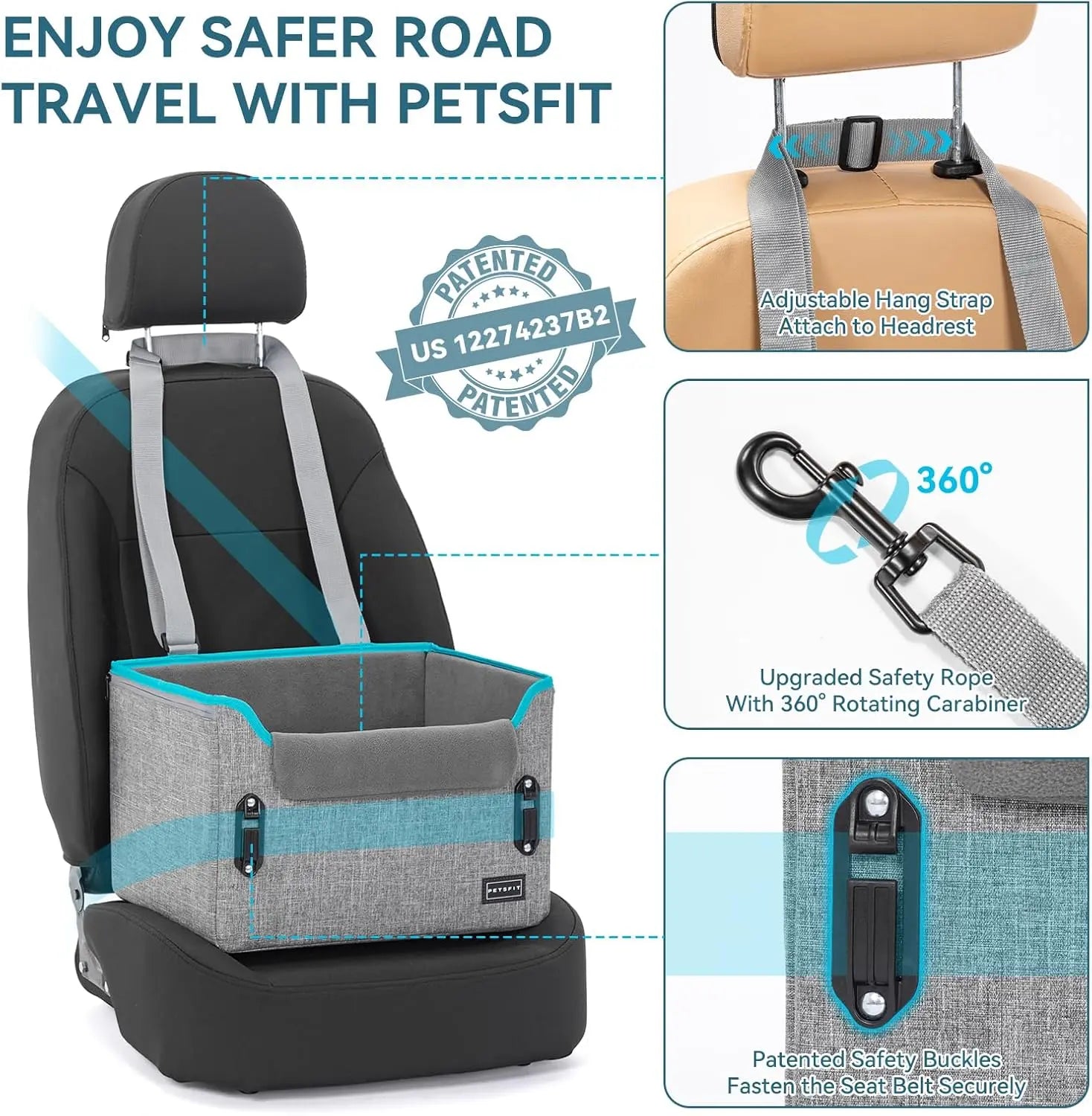 PETSFIT Small Dog Booster Car Seat with Safety Buckles &amp; Tether, Foldable
