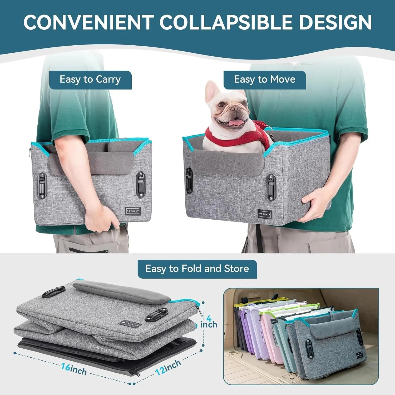 PETSFIT Small Dog Booster Car Seat with Safety Buckles &amp; Tether, Foldable