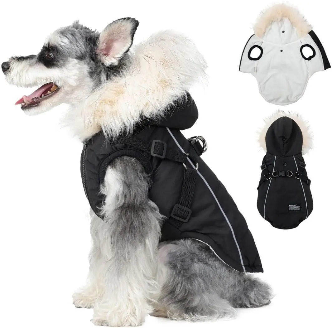 Waterproof Dog Coat Jacket with Faux Fur Hood &amp; Reflective Strap
