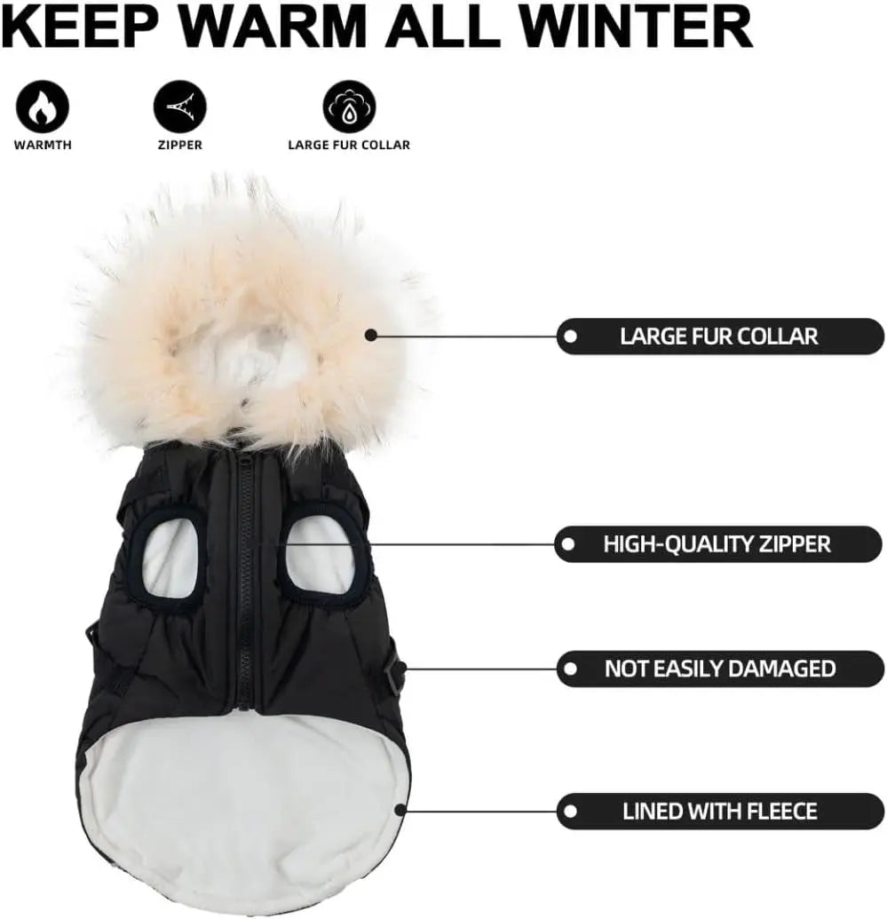 Waterproof Dog Coat Jacket with Faux Fur Hood &amp; Reflective Strap