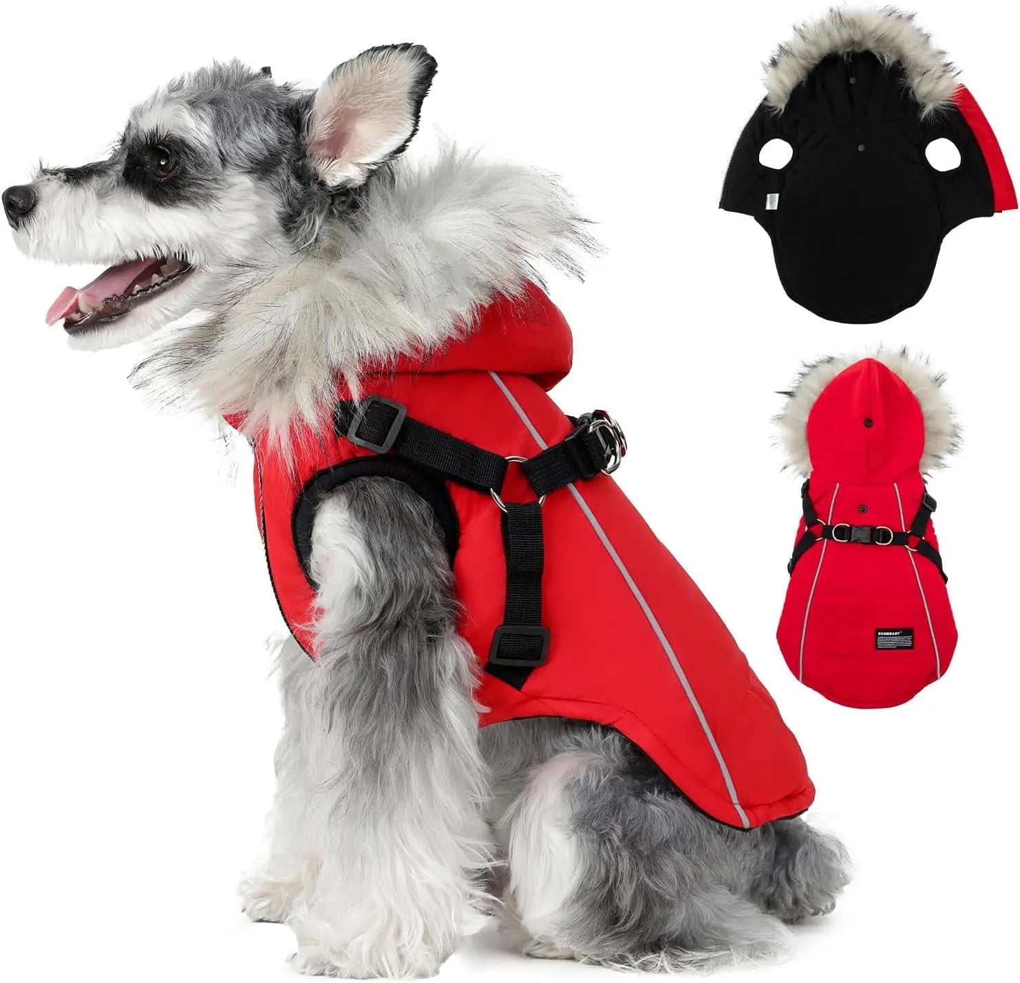 Waterproof Dog Coat Jacket with Faux Fur Hood &amp; Reflective Strap