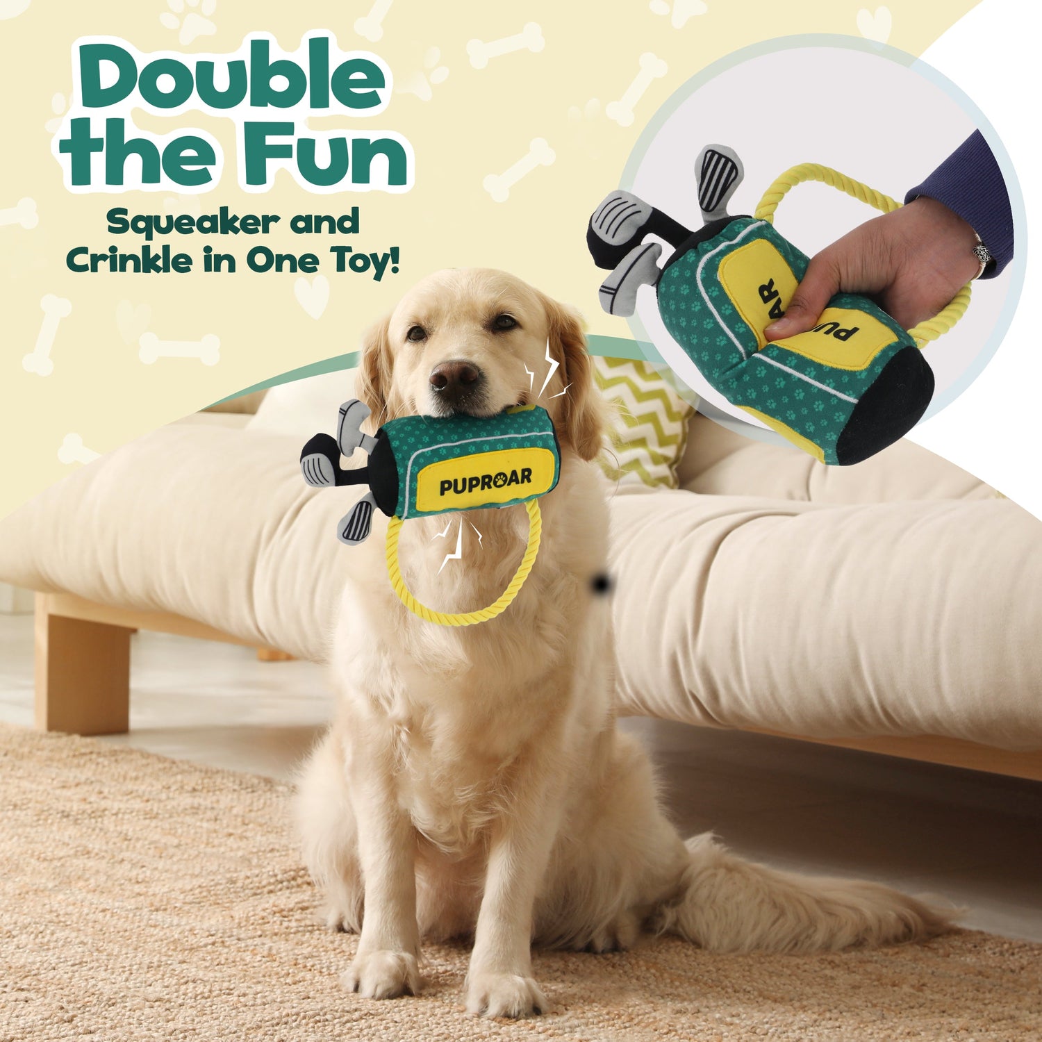 PUPROAR Golf Dog Toy | Cute Squeaky Plush Dog Toy with Rope &amp; Crinkle