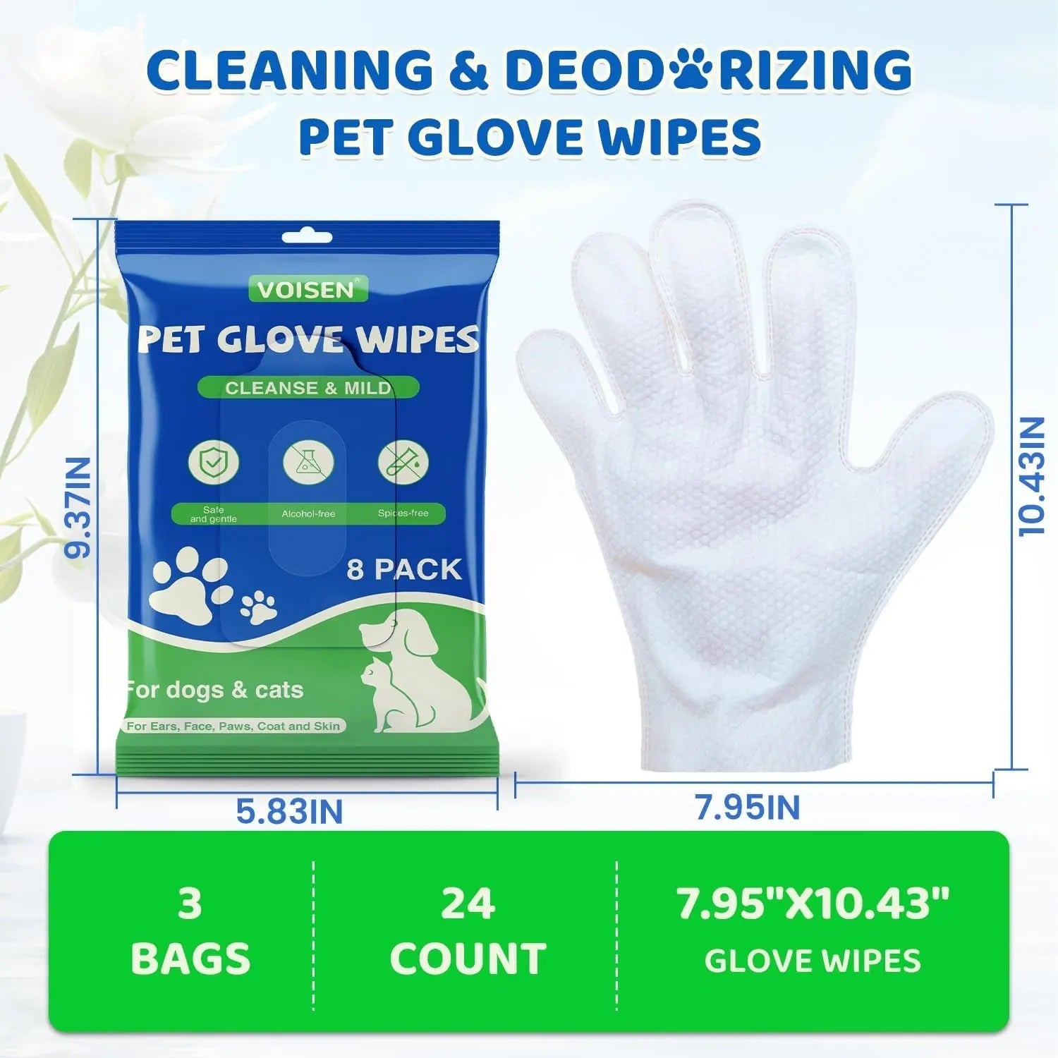 Pet Glove Wipes for Dogs, Cats &amp; Small Animals, Unscented Grooming Wipes 24ct