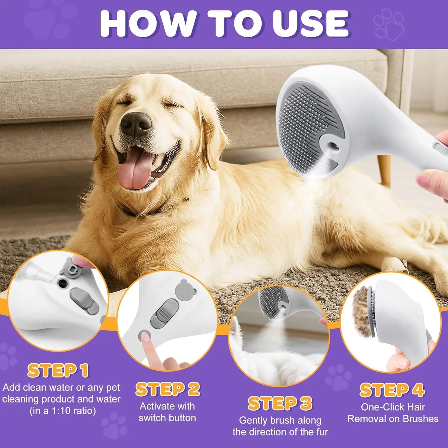 Pet Grooming Brush for Cats &amp; Dogs- Self Cleaning Rechargeable Deshedding