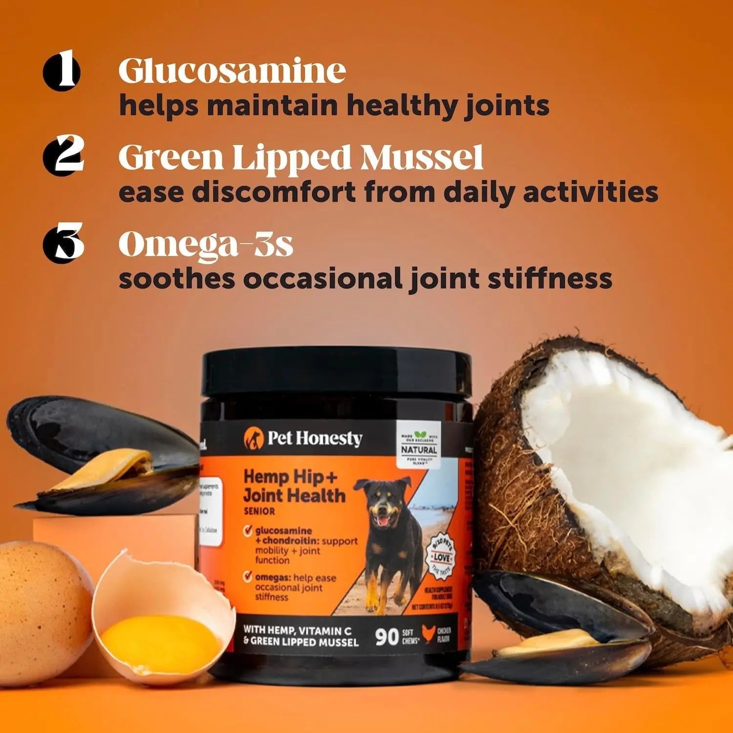 Pet Honesty Senior Hemp Hip &amp; Joint Supplement for Dogs Mobility Chews 90 Ct