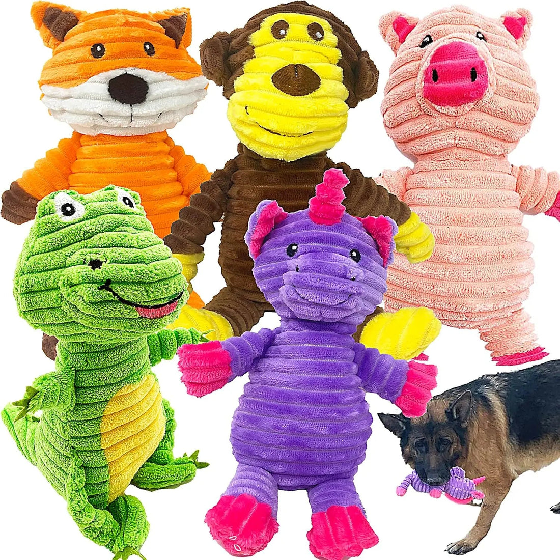Plush Squeaky Dog Toys 5-Pack Corduroy Set for Medium &amp; Large Dogs