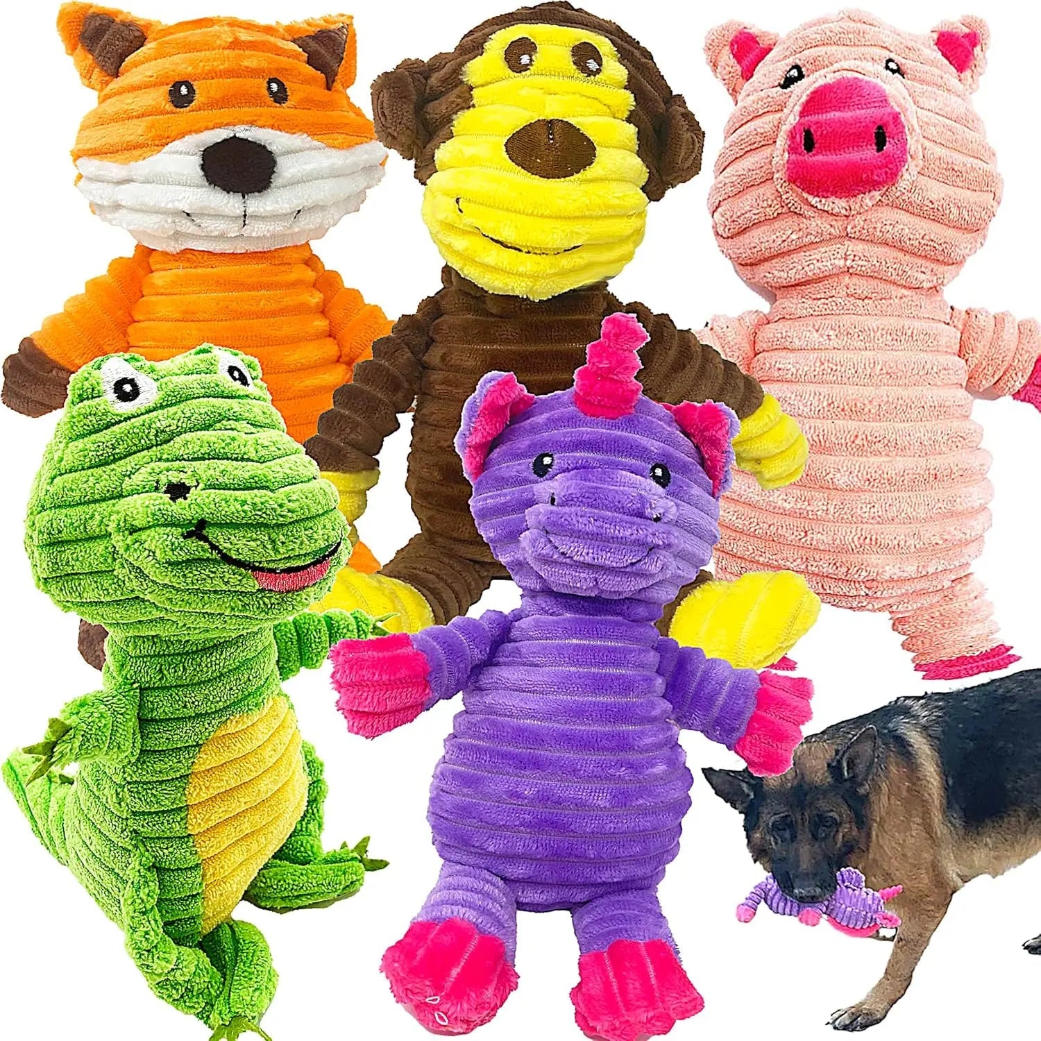 Plush Squeaky Dog Toys 5-Pack Corduroy Set for Medium &amp; Large Dogs