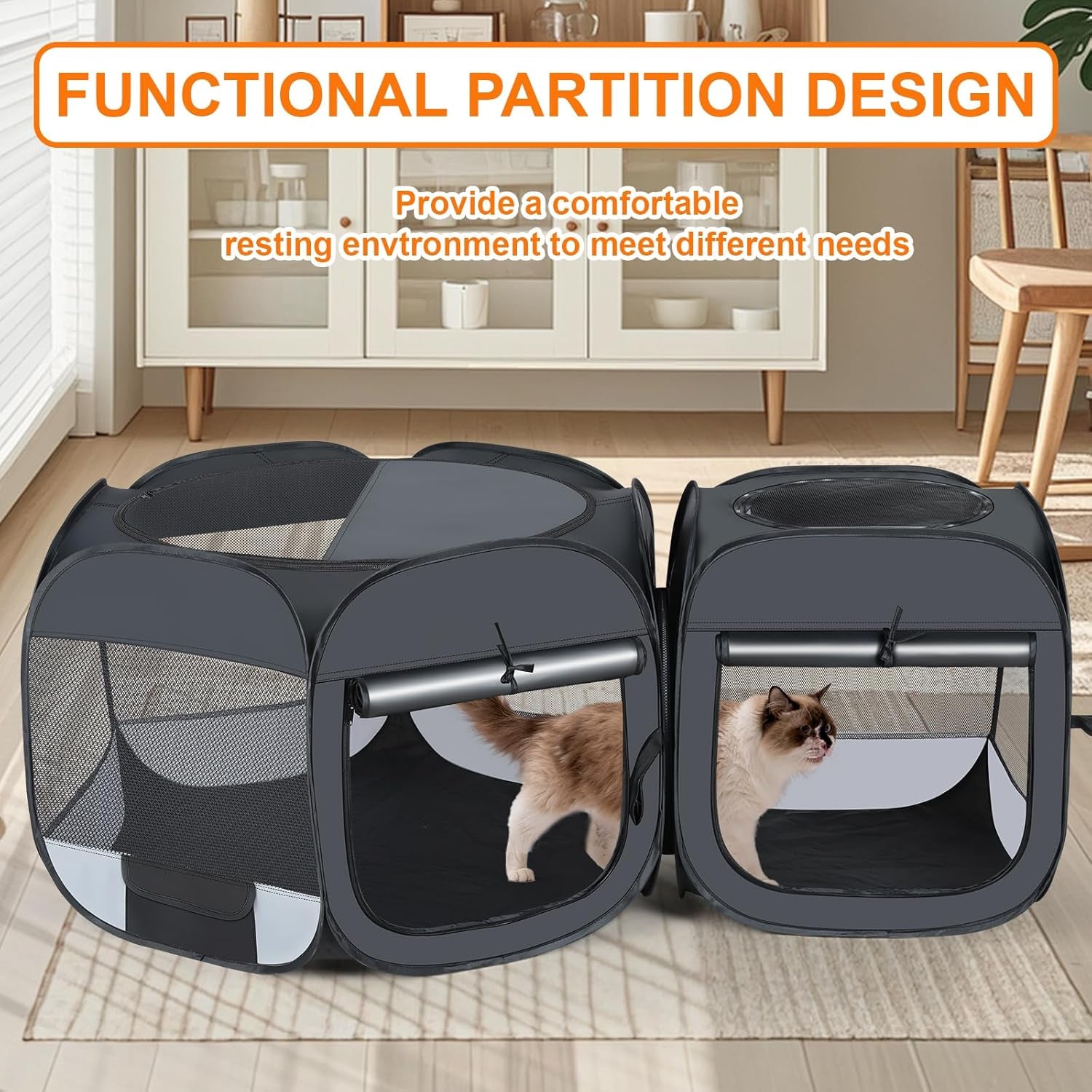 Portable Cat &amp; Dog Playpen 2-in-1 Foldable Indoor Pet Tent Large Collapsible