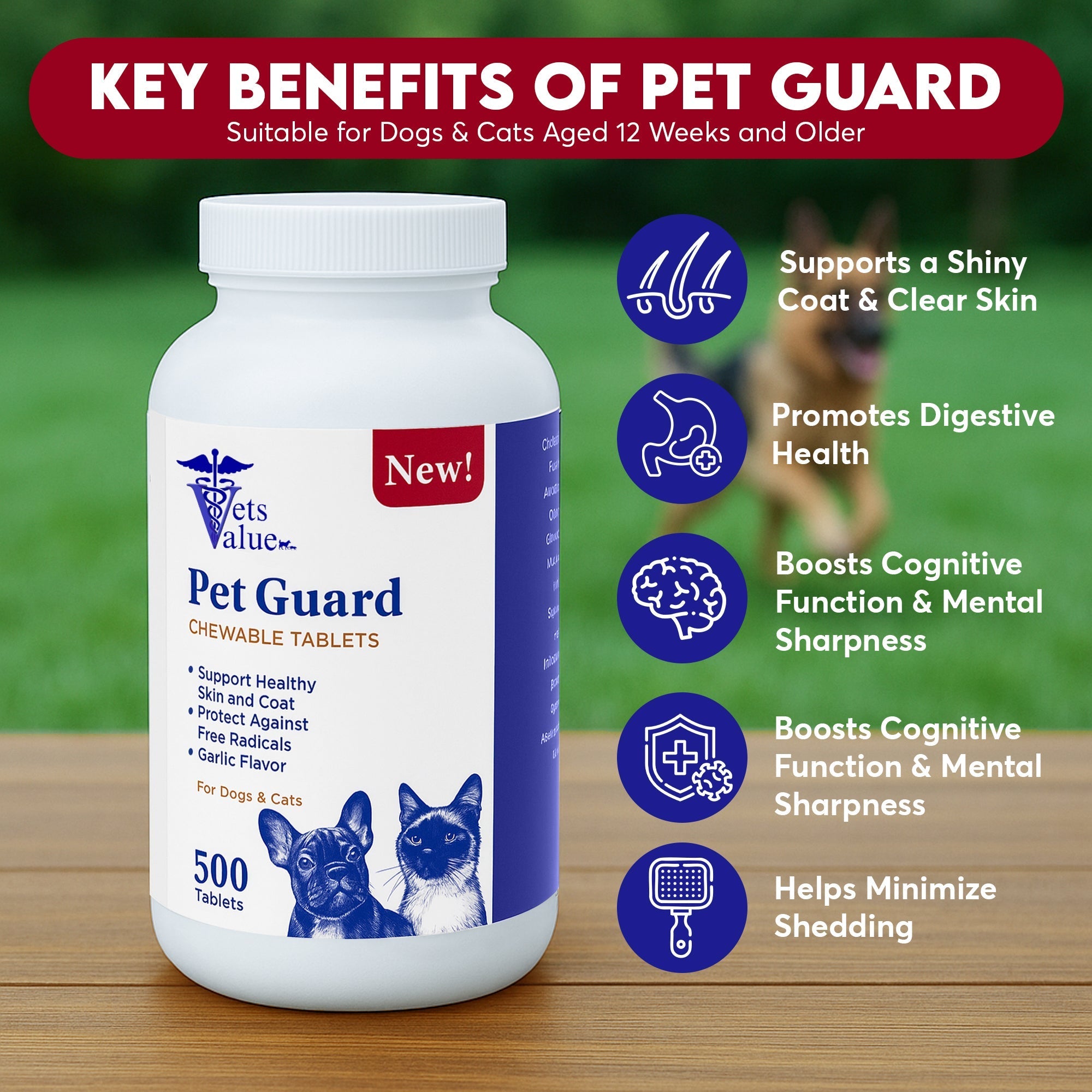 Pet Guard Chewable Tablets for Dogs and Cats – Helps Maintain Healthy Skin and Coat, Garlic Flavor - 500 Count- Natural Flea &amp; Tick