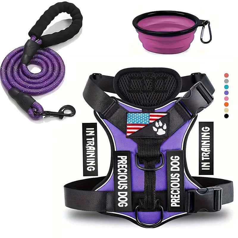 Service Dog Harness &amp; Leash Set with 1pc Folding Bowl Reflective Adjustable Dog Vest Harness Soft Oxford Pet Harness For Small M