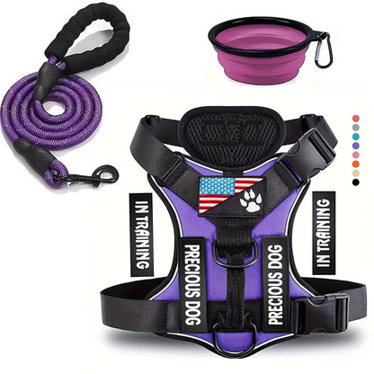 Service Dog Harness &amp; Leash Set with 1pc Folding Bowl Reflective Adjustable Dog Vest Harness Soft Oxford Pet Harness For Small M