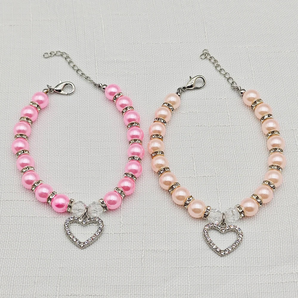 New Cute Pet Pearl Necklace with Heart-shaped Rhinestone Pendant Adjustable Cat Dog Collar Jewelry For Small Pets 8 Colors