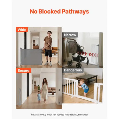 Retractable baby gate/dog gate, extendable to 143 cm wide / 795 mm high, stair gate with safety lock, mesh safety gate for stairs and hallways, indoor/outdoor use, grey
