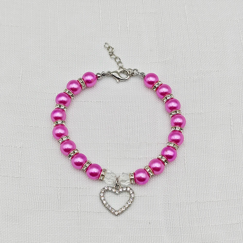 New Cute Pet Pearl Necklace with Heart-shaped Rhinestone Pendant Adjustable Cat Dog Collar Jewelry For Small Pets 8 Colors