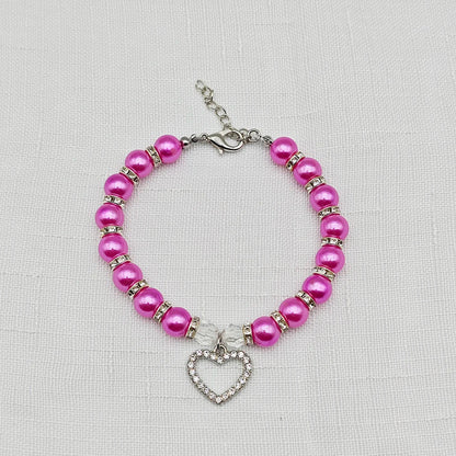 New Cute Pet Pearl Necklace with Heart-shaped Rhinestone Pendant Adjustable Cat Dog Collar Jewelry For Small Pets 8 Colors
