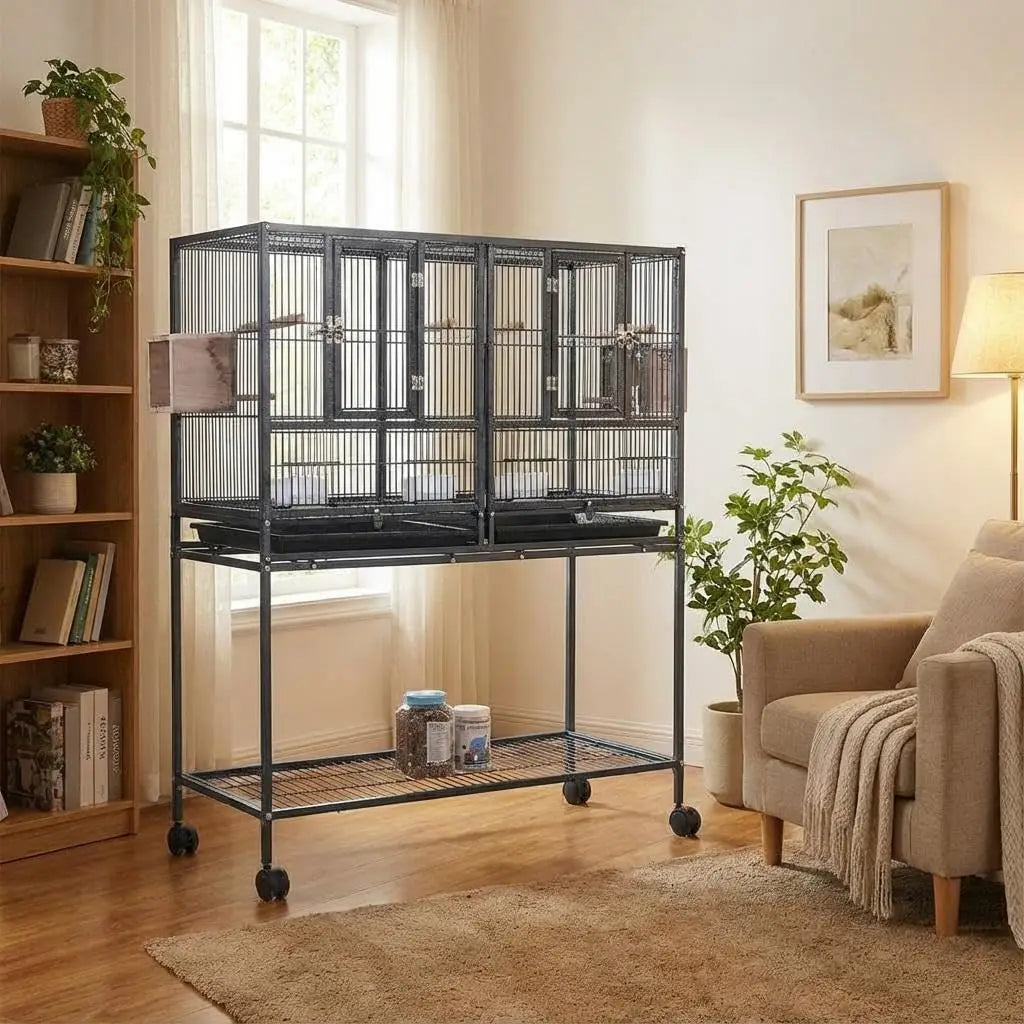 Breeding Flight Bird Cage with Detachable Rolling Stand Breeder Cage with Perches, Food Boxes, Slide-Out Tray and Storage Shelf